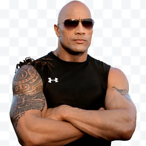 Dwayne Johnson with sunglasses and black sleeveless shirt with arms crossed