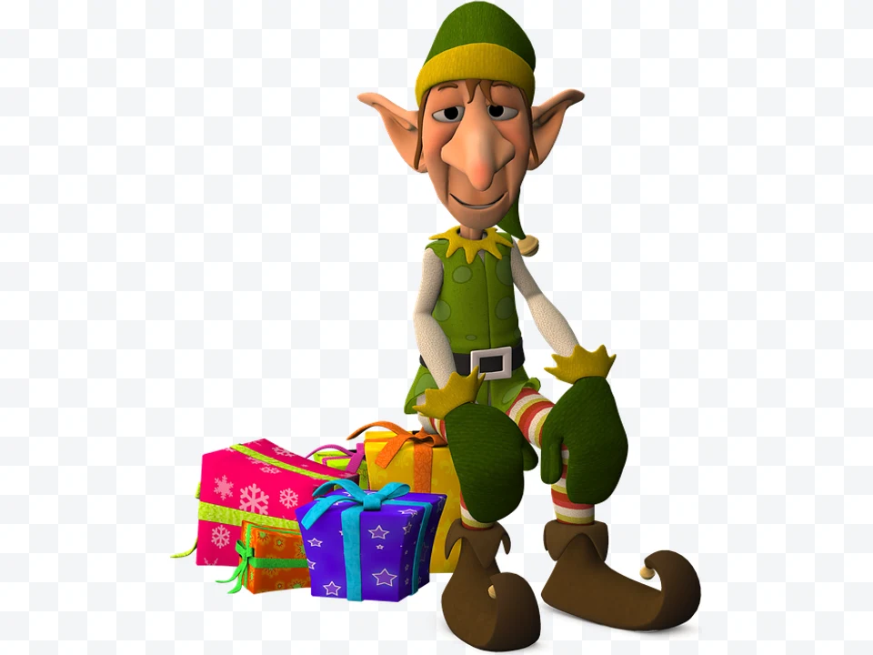 Christmas elf sitting with green and yellow hat and colorful gifts beside him