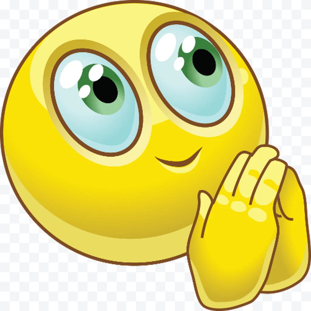Yellow face emoji with big eyes and hands together in a pleading gesture or