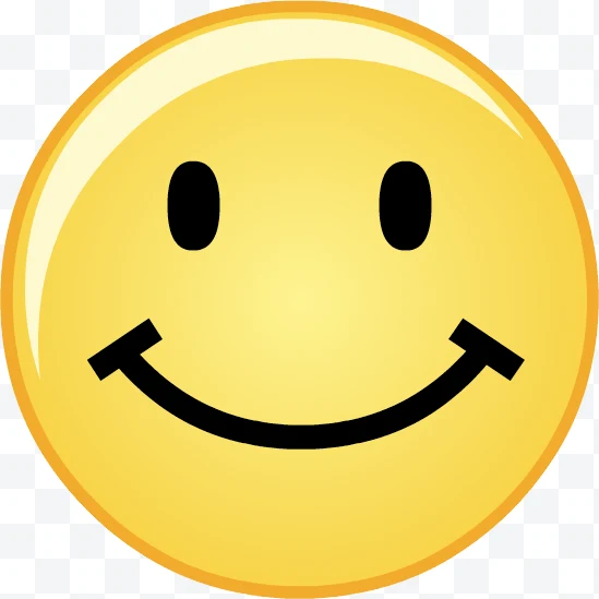 Yellow smiling face emoji with black oval eyes and top shine.