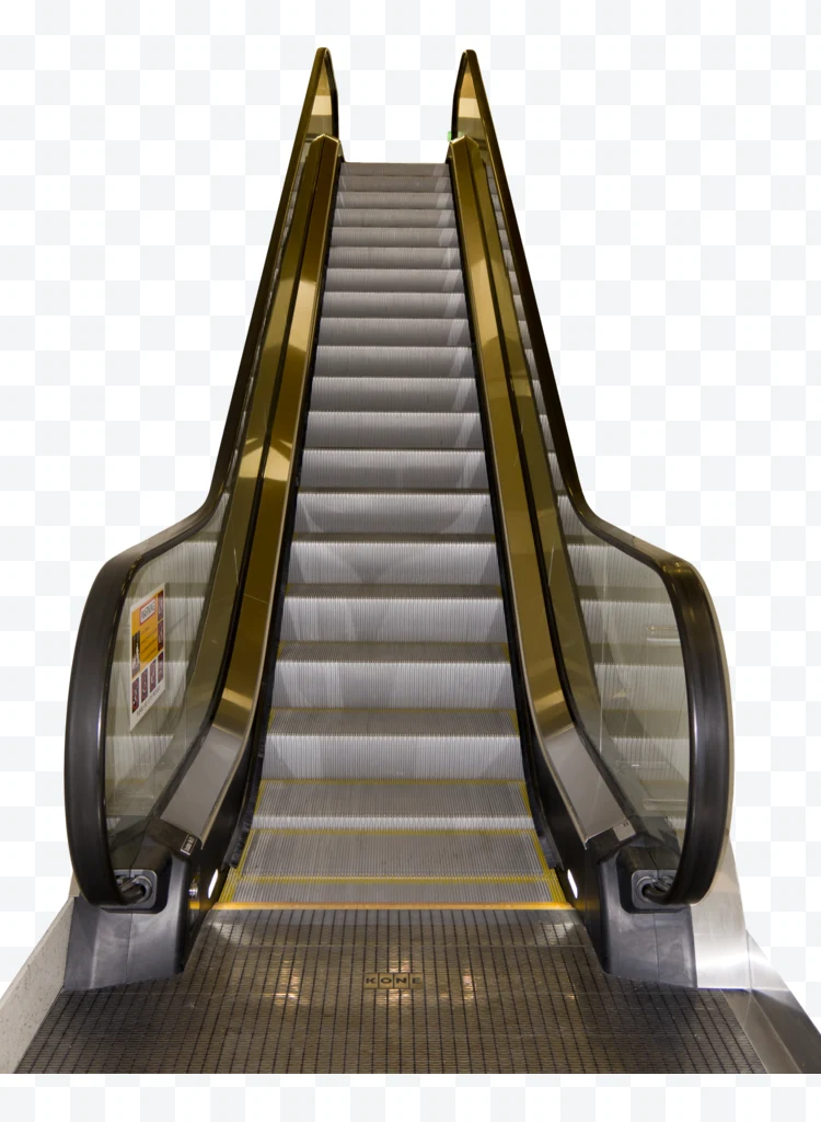 Escalator with glass railings and metal steps with lines