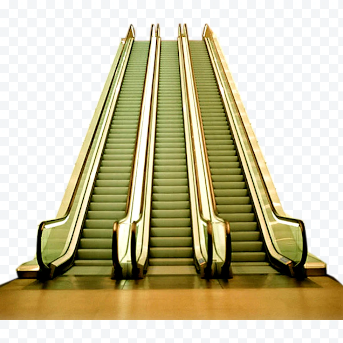 Double parallel escalators with glass railings and handrails