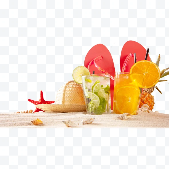 Refreshing drinks with citrus slices and beach accessories on sand