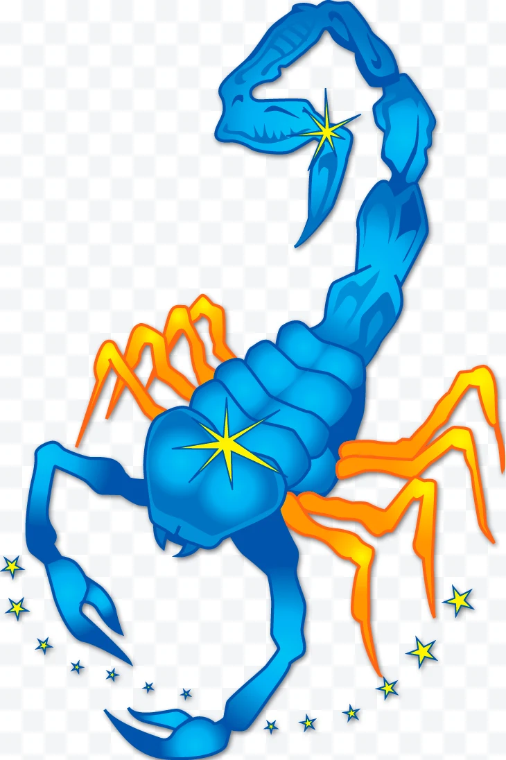 Blue scorpion with orange legs and yellow stars