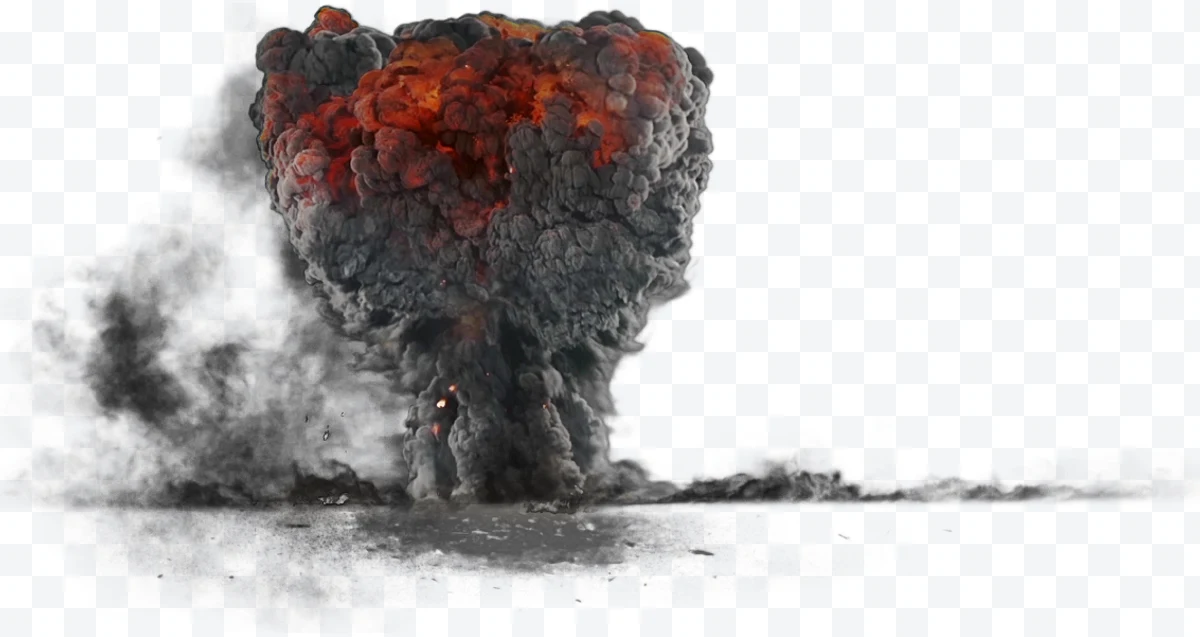 Nuclear mushroom explosion with black smoke and red flames.
