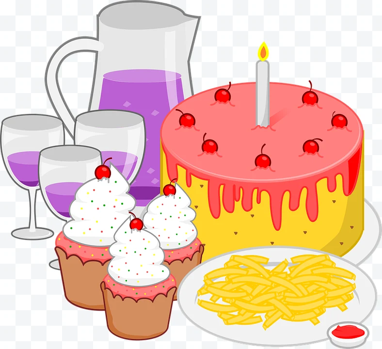 Illustration of a party with pink cake, cupcakes, fries, and drink