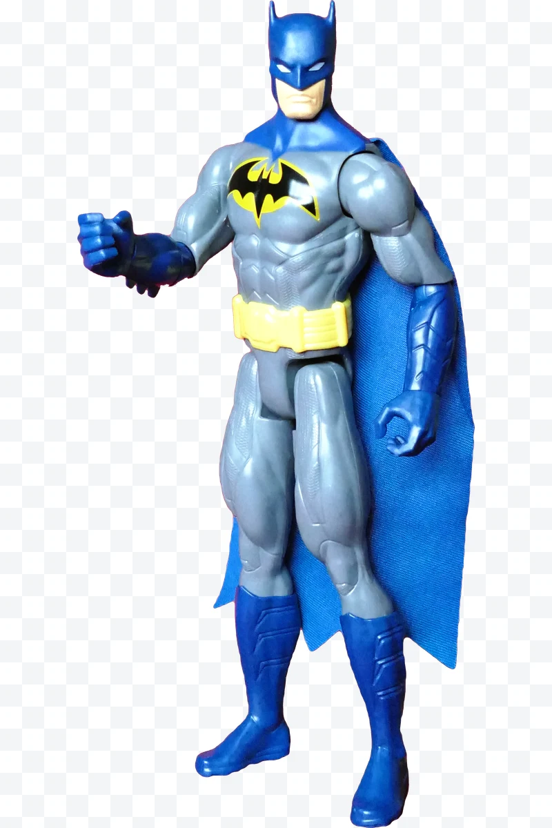 Batman action figure with blue cape and yellow belt