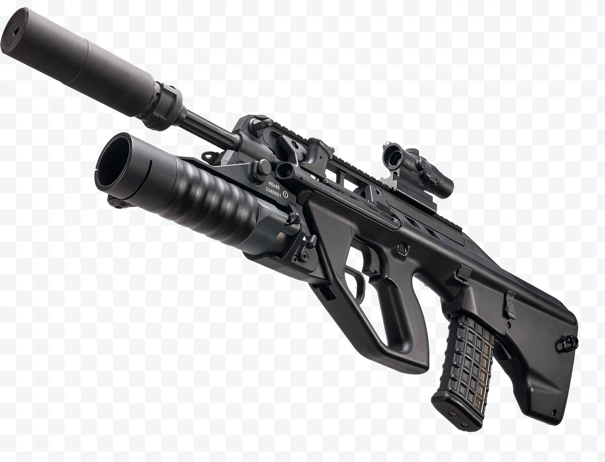 Steyr AUG assault rifle with grenade launcher and silencer on white background
