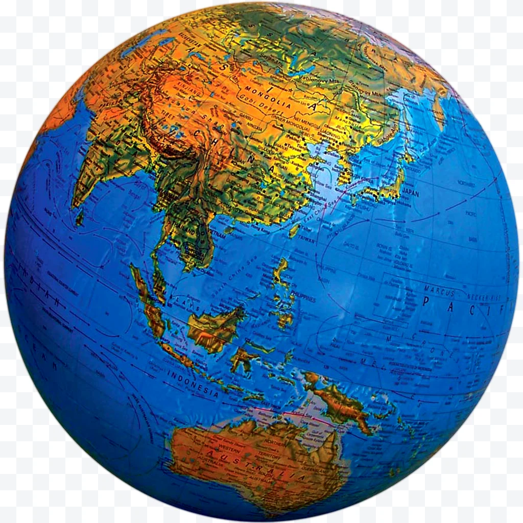 Globe with colorful physical map of Asia, Australia, and the Pacific Ocean
