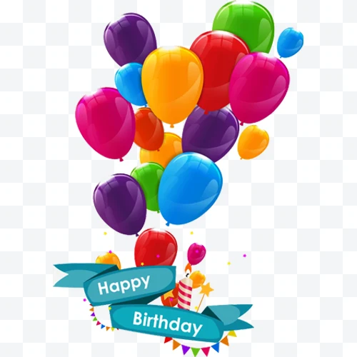 Multicolor birthday balloons with blue ribbon and 'Happy Birthday' text