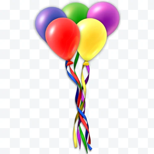 Red, yellow, green, purple, and blue colorful balloons with hanging ribbons
