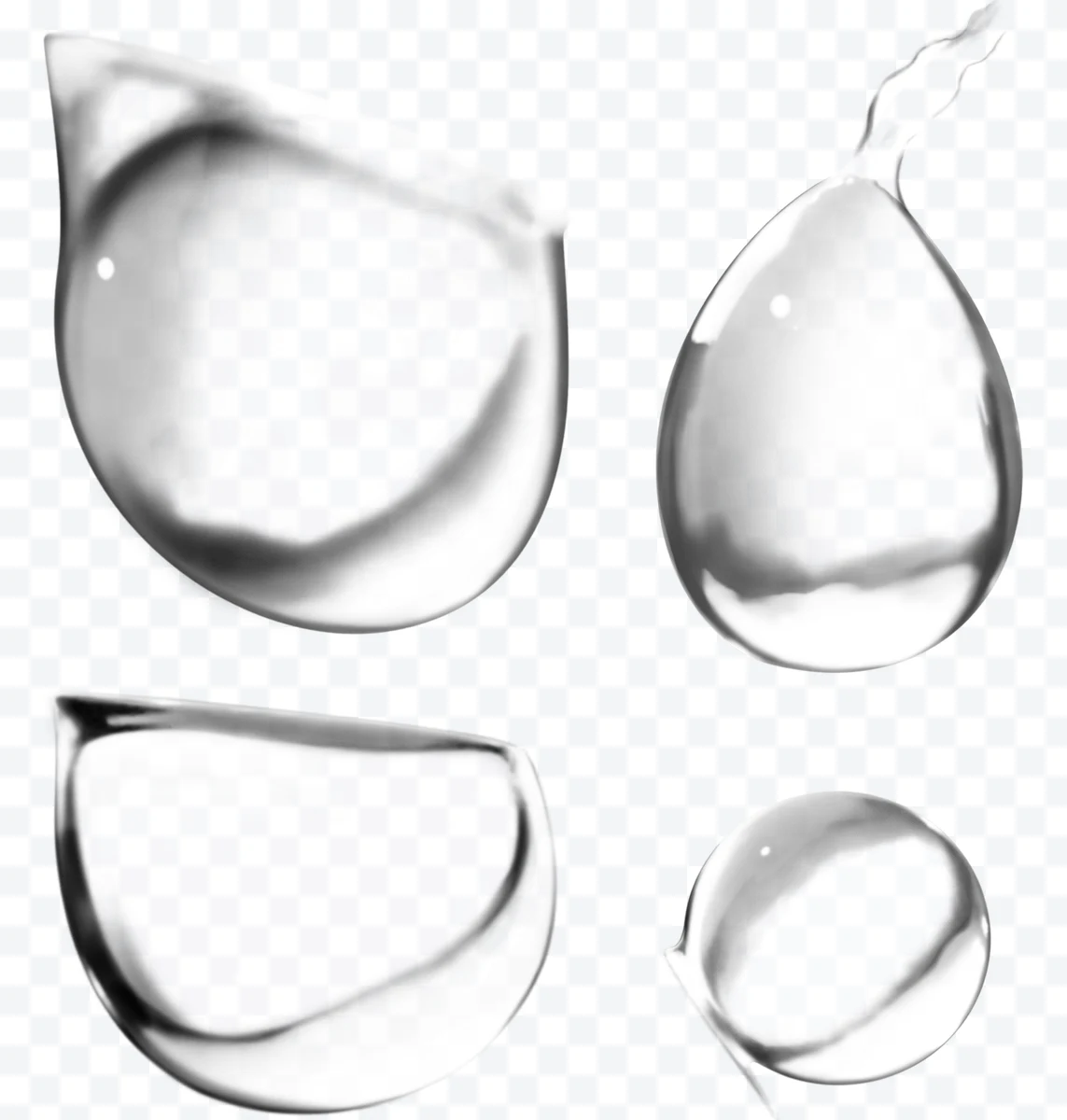 Four translucent and shiny water drops with varied shapes