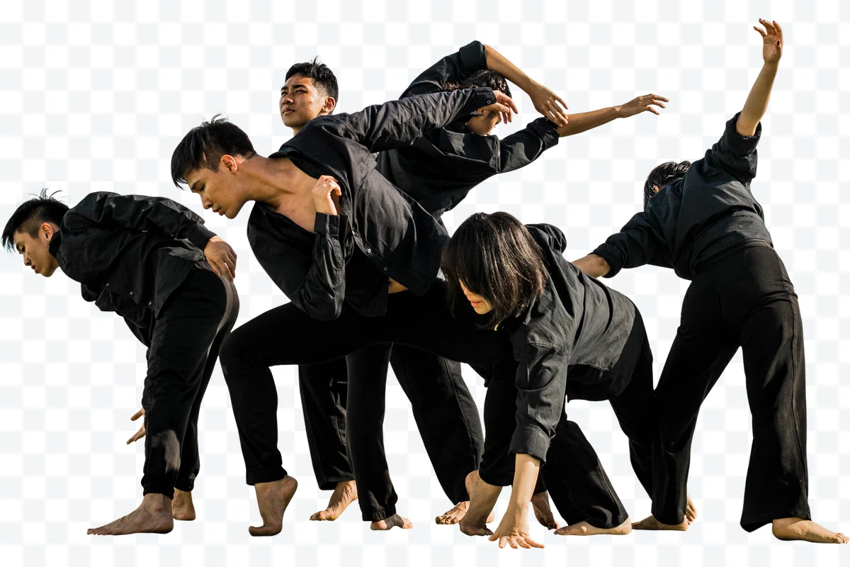 Group of five people dancing contemporary dressed in black on background