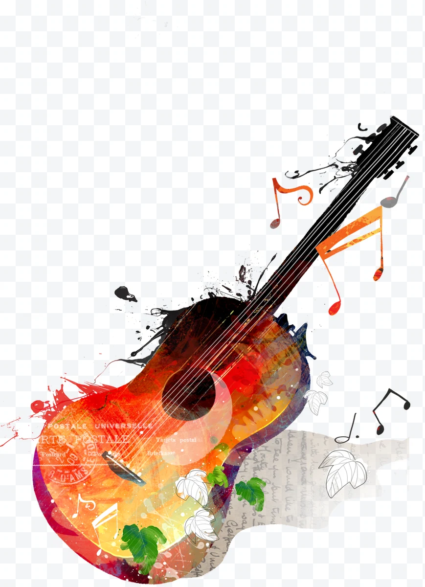 Artistic acoustic guitar with musical notes