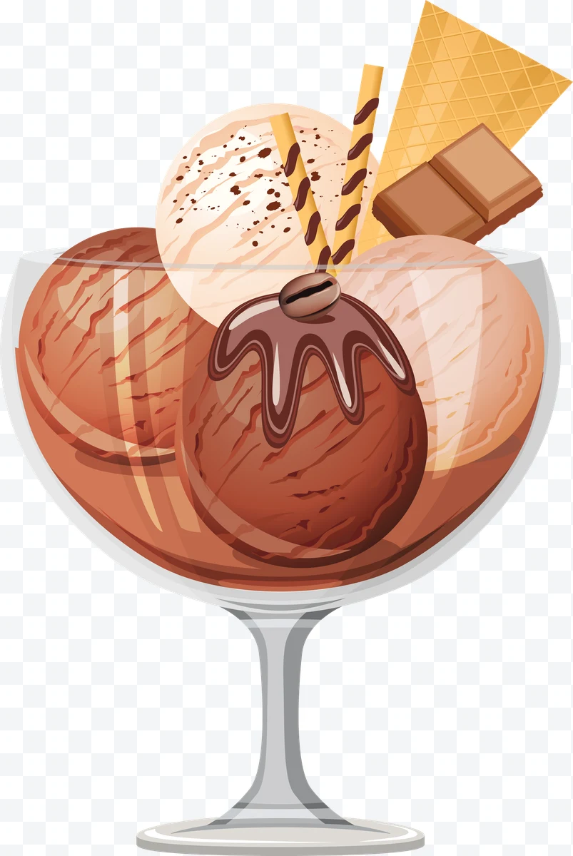 Helado de chocolate y vainilla en copa con barquillo y chocolate