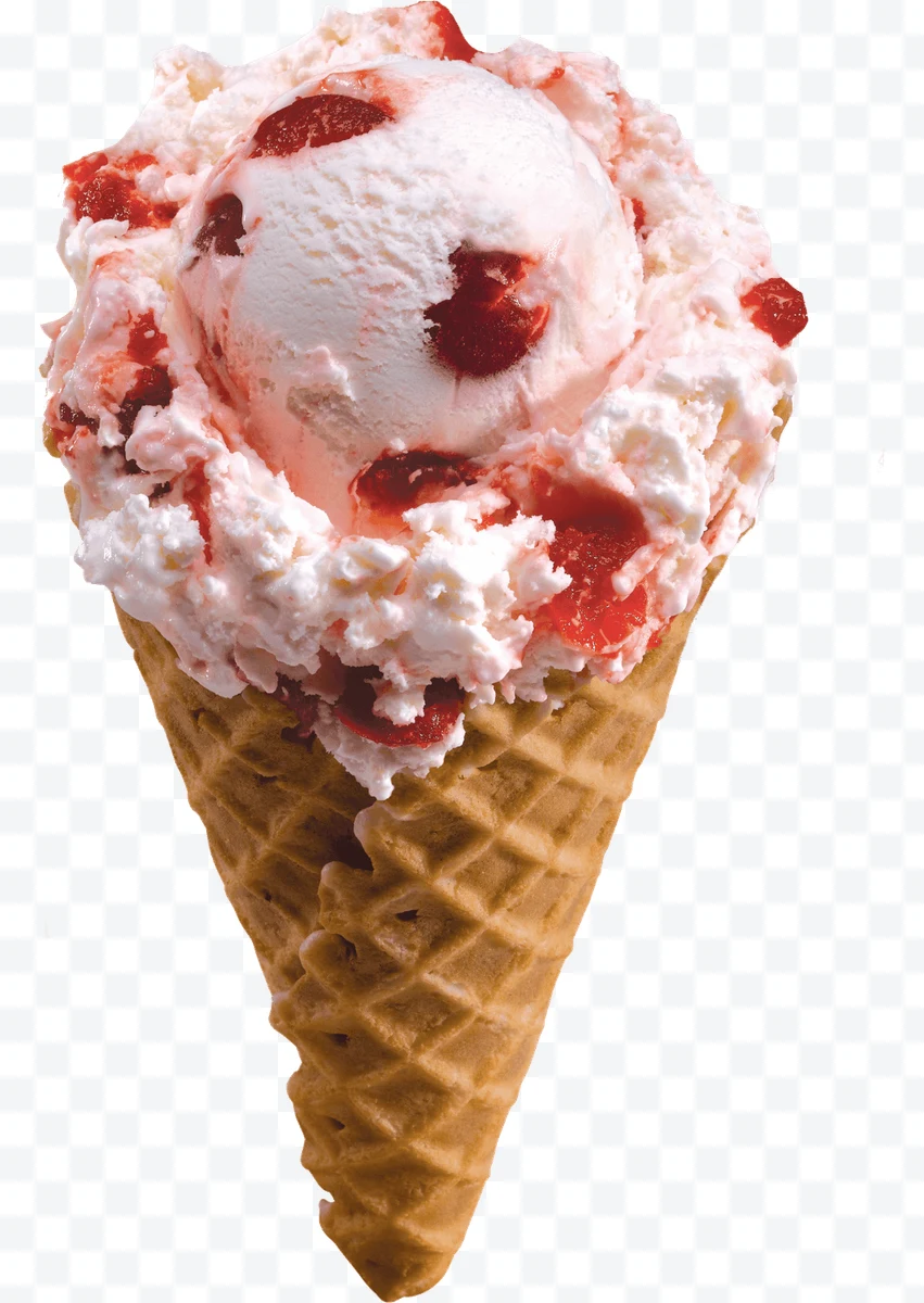Ice cream cone with strawberry pieces