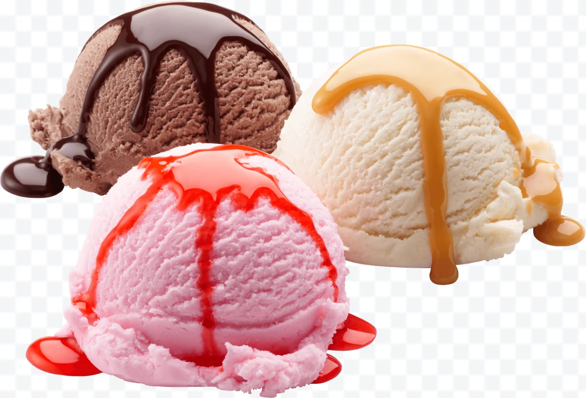 Three scoops of ice cream with chocolate, caramel, and strawberry sauce