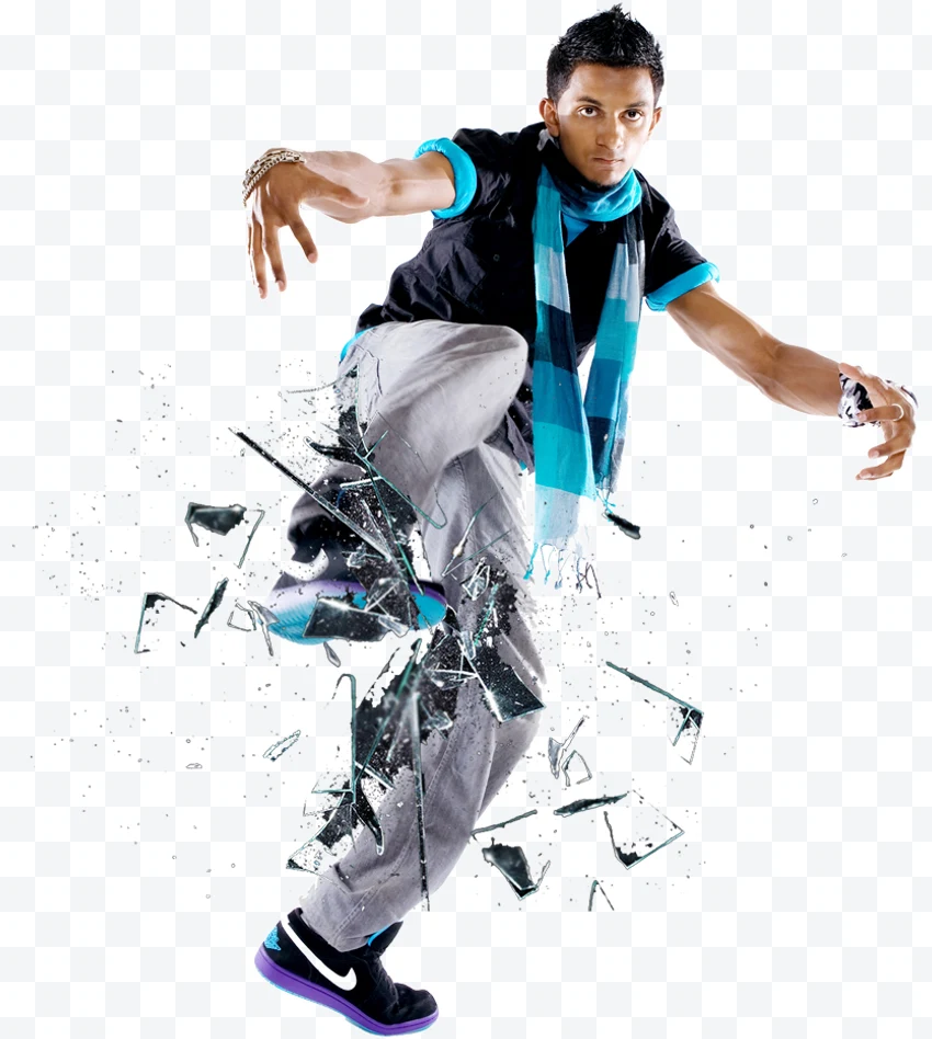 Hombre bailando con bufanda azul y pantalones grises con efecto de vidrio roto