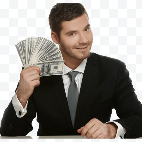 Man in black suit holding hundred-dollar bills