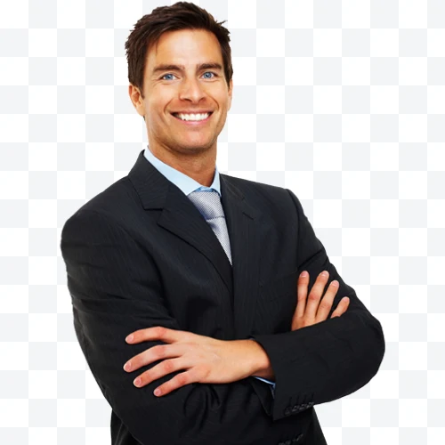 Smiling businessman in black suit and gray tie, with arms crossed