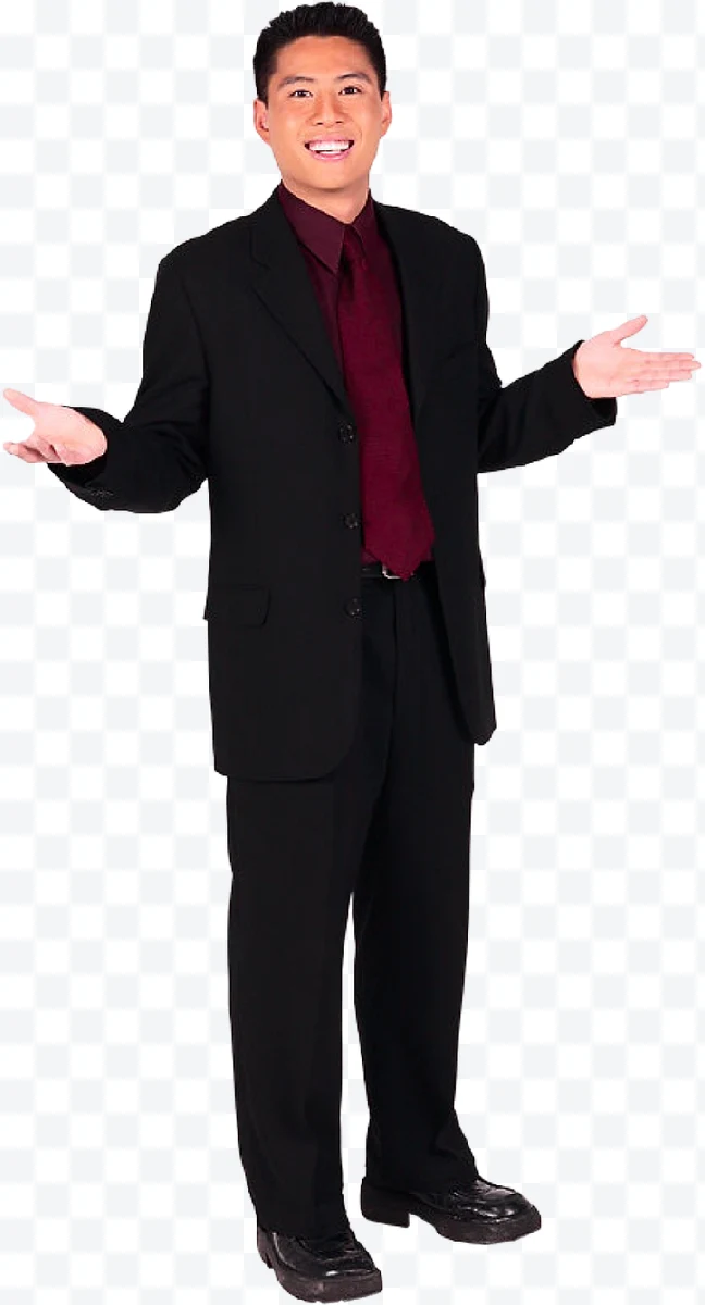 Man in black suit and red tie with open arms and a smile.