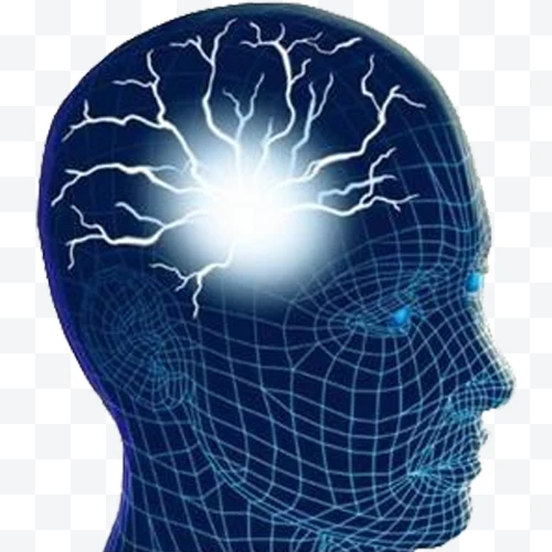 Illustration of human head with blue network and electric flash in the brain
