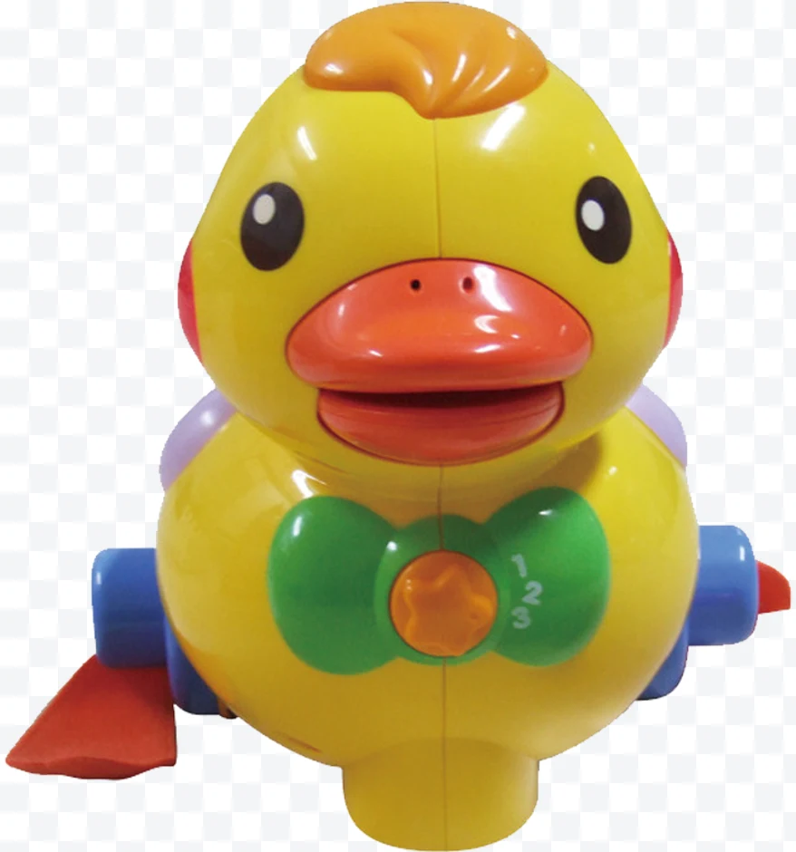 Yellow plastic duck toy with green bow and orange beak
