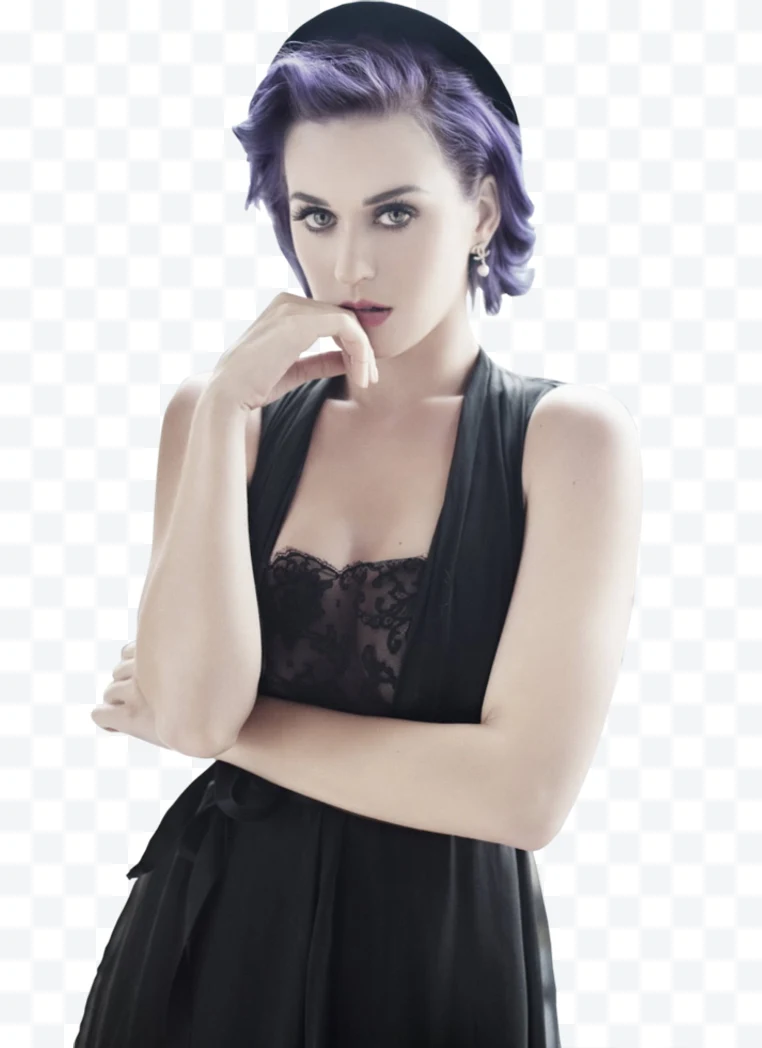 Katy Perry with purple hair and black dress posing with her hand near her mouth