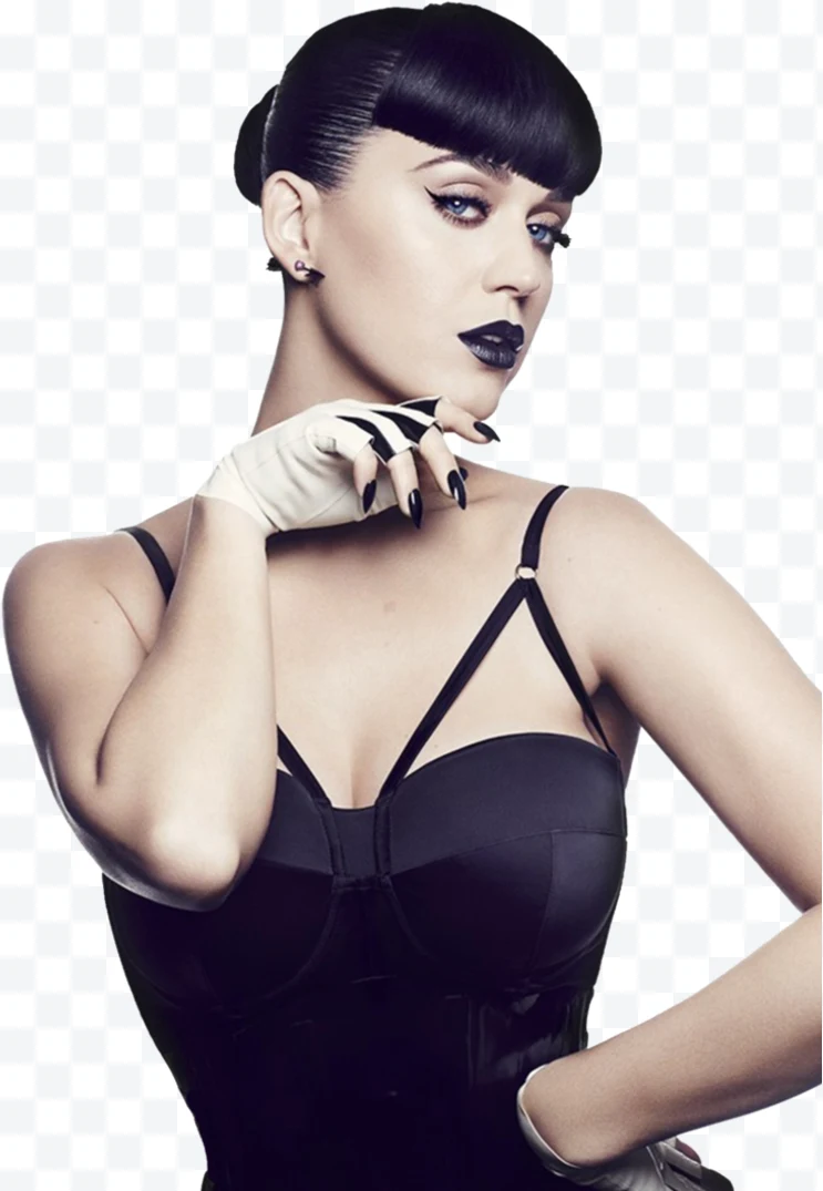 Katy Perry with black lips, black dress, and white gloves with black stripes