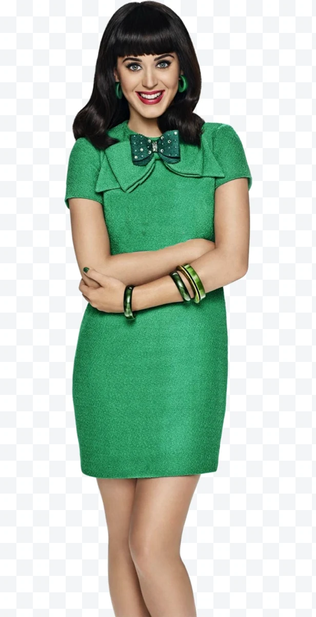 Katy Perry in green dress, bow, and green bracelets, smiling with hair