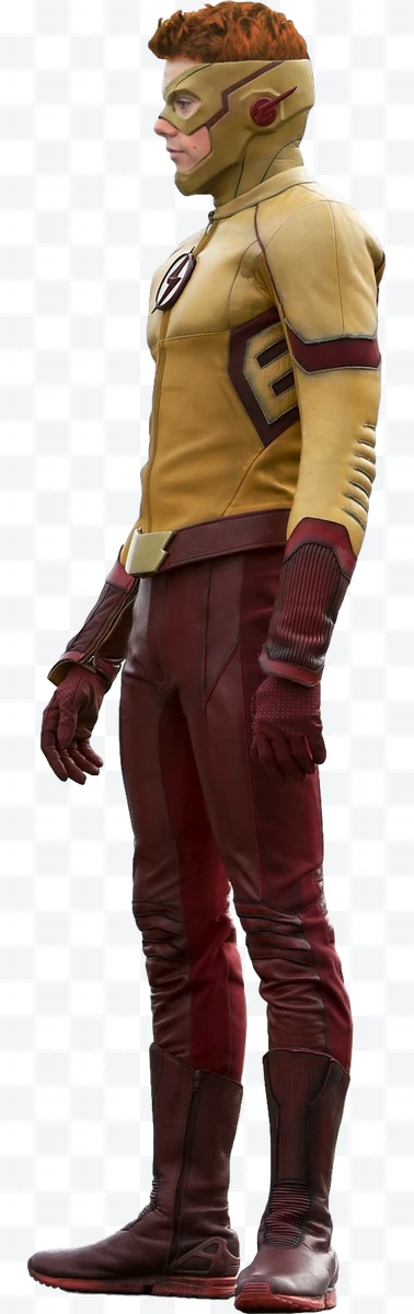 Kid Flash in profile with yellow and red suit and curly red hair