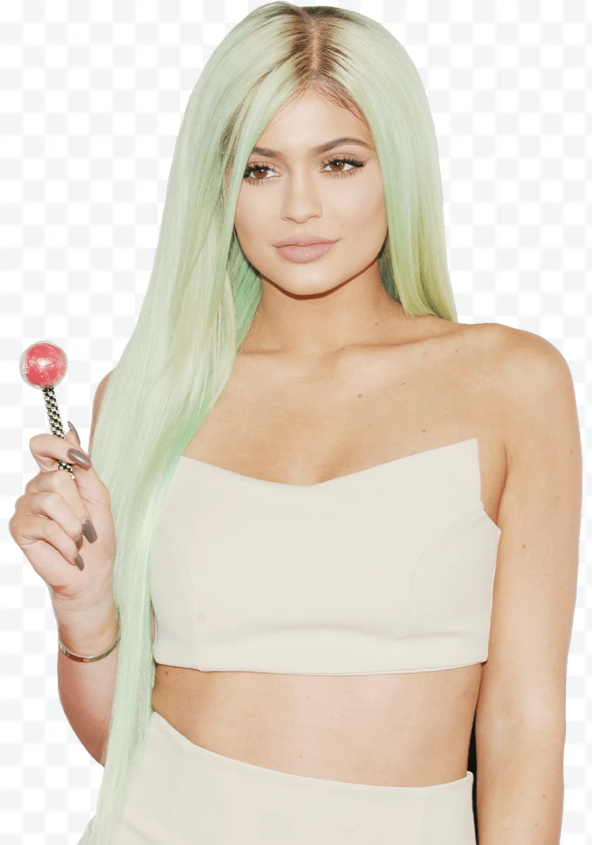 Kylie Jenner with long light green hair and white strapless top