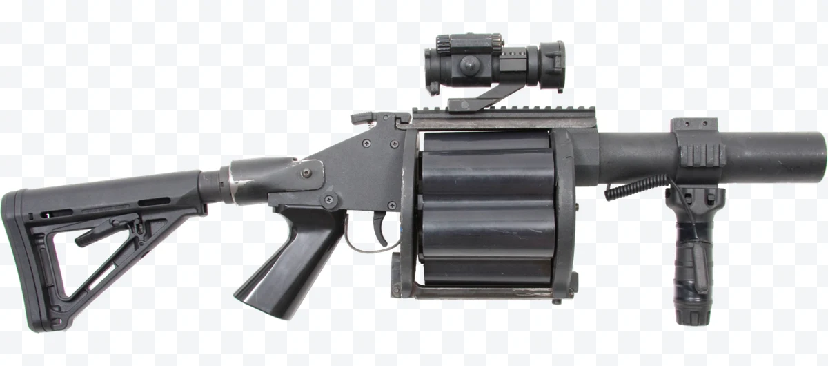 Black M32 grenade launcher with optical sight and foregrip on white background.