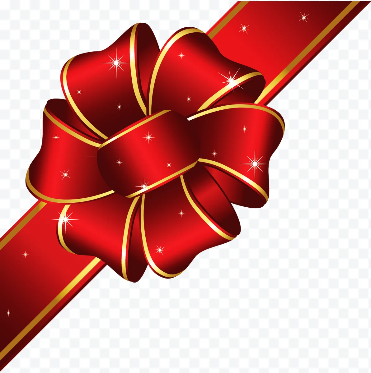 Bright red bow with golden edge and sparkles.