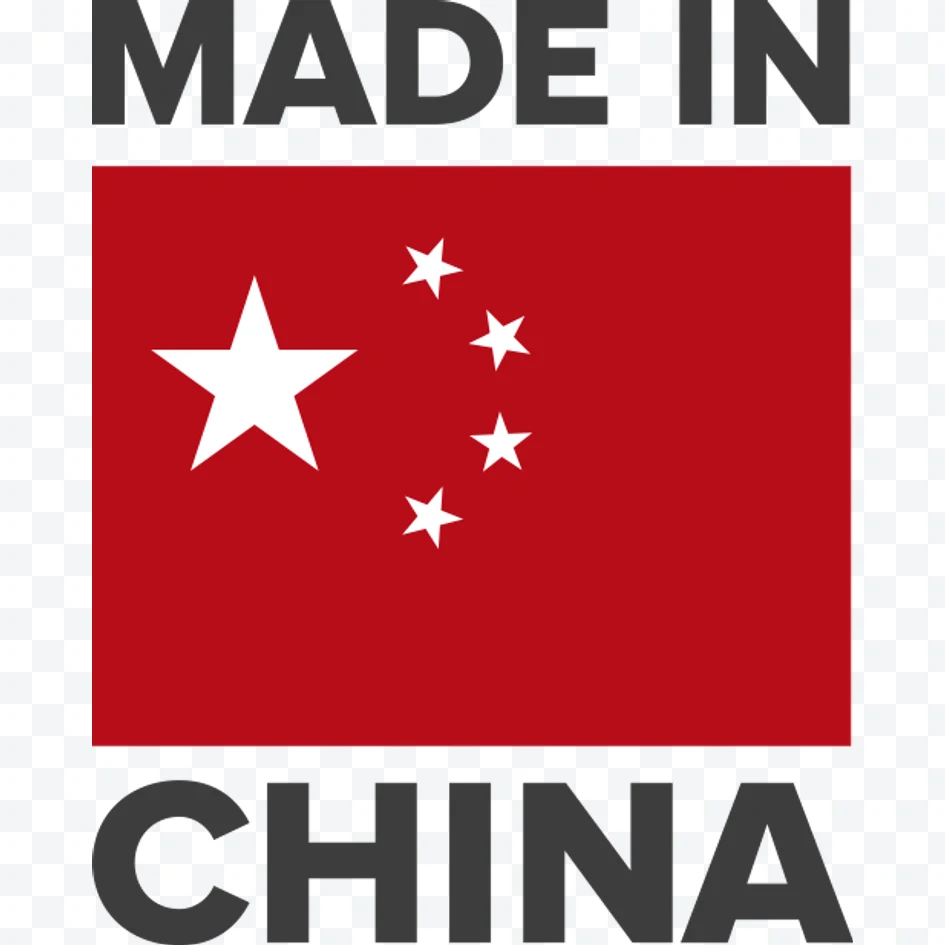 Made in China logo with black text and a red flag with white stars.