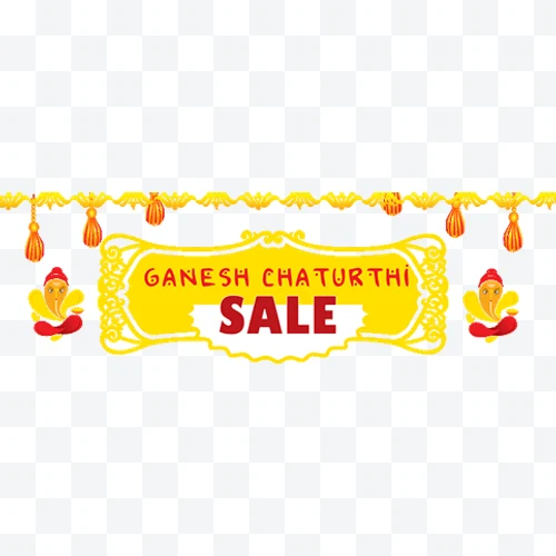 Ganesh Chaturthi Sale logo with yellow frame, red text, and decorations of