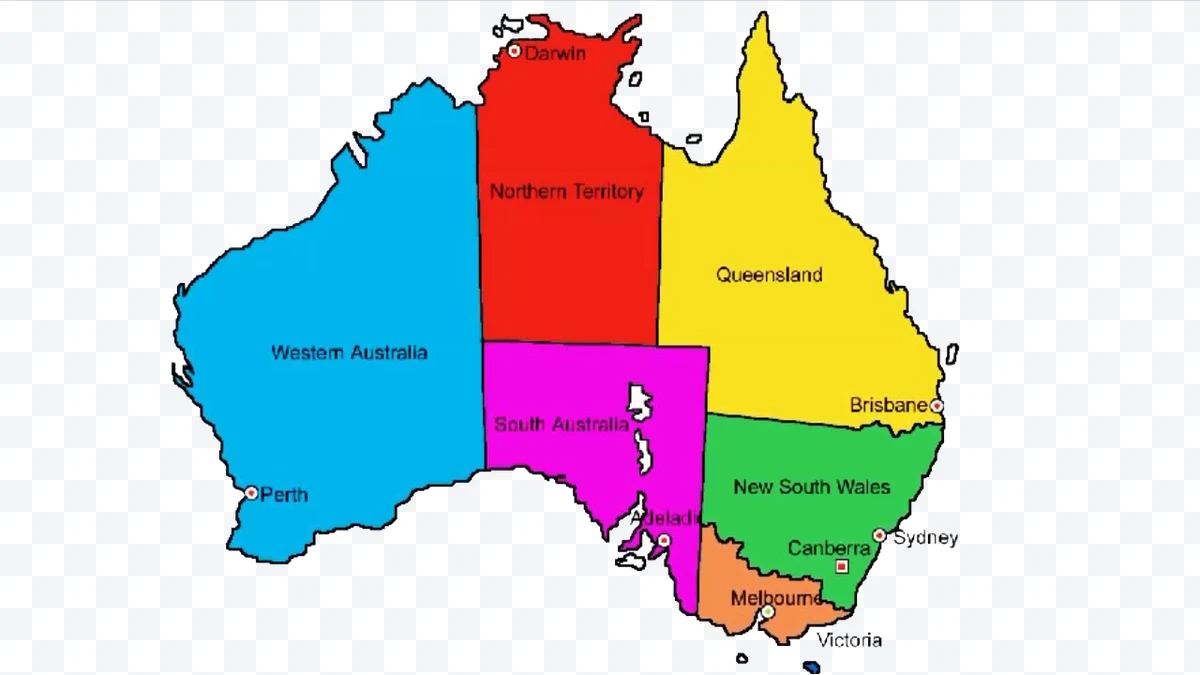 Map of Australia with states and territories in different colors and names of