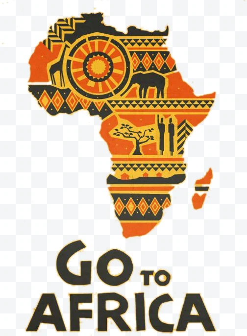 Map of Africa with tribal art and 'Go to Africa' text