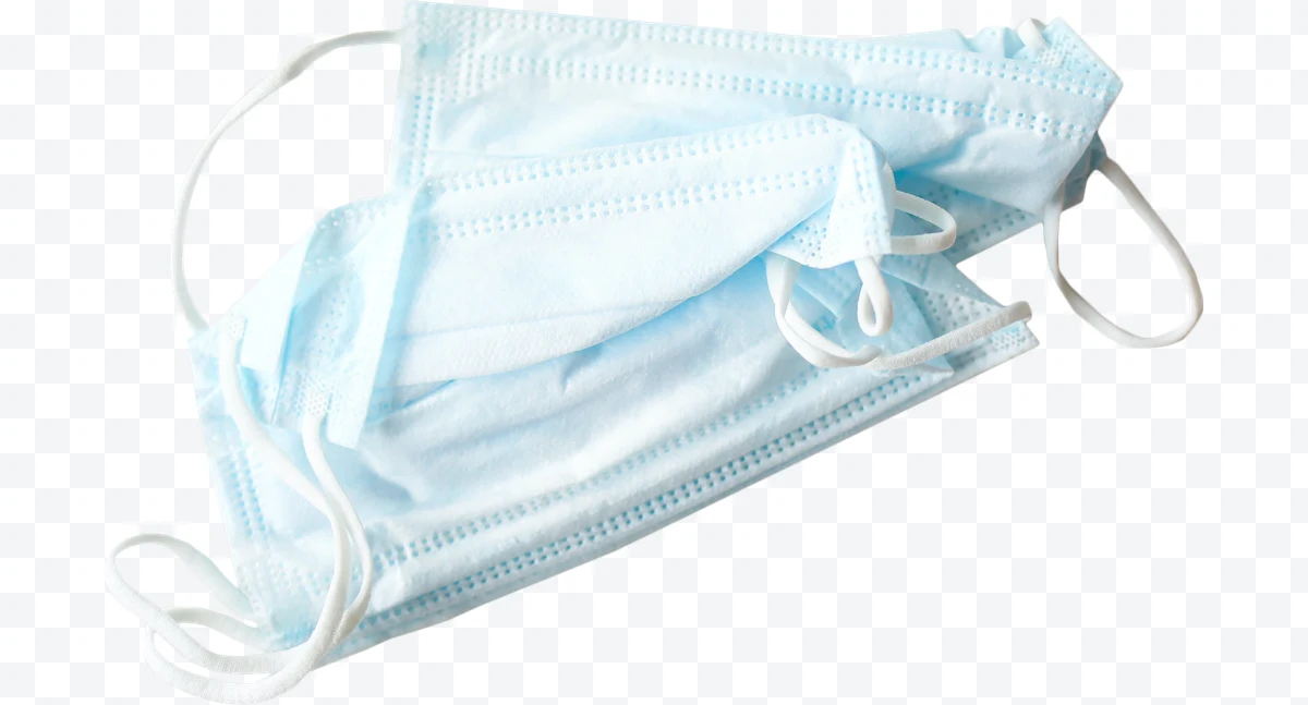 Disposable blue surgical mask with elastic bands.