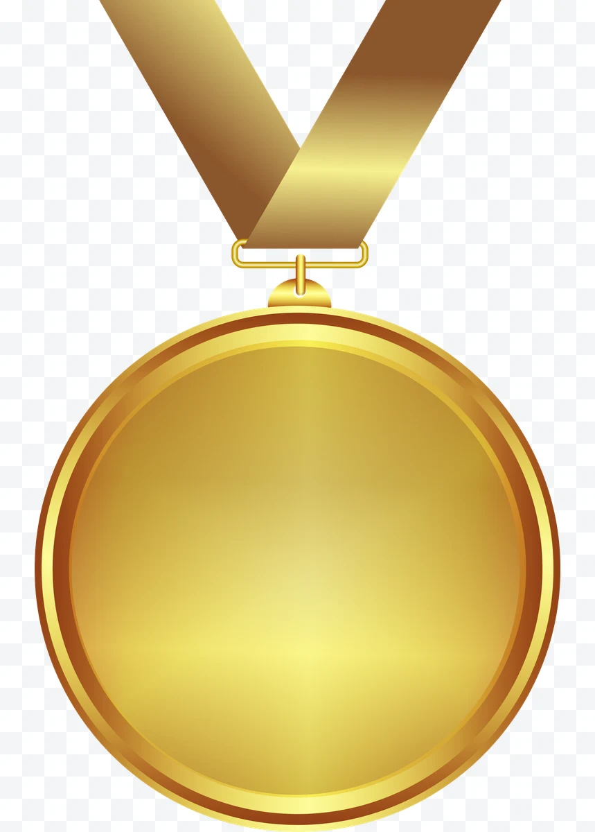 Shiny round gold medal with gold ribbon