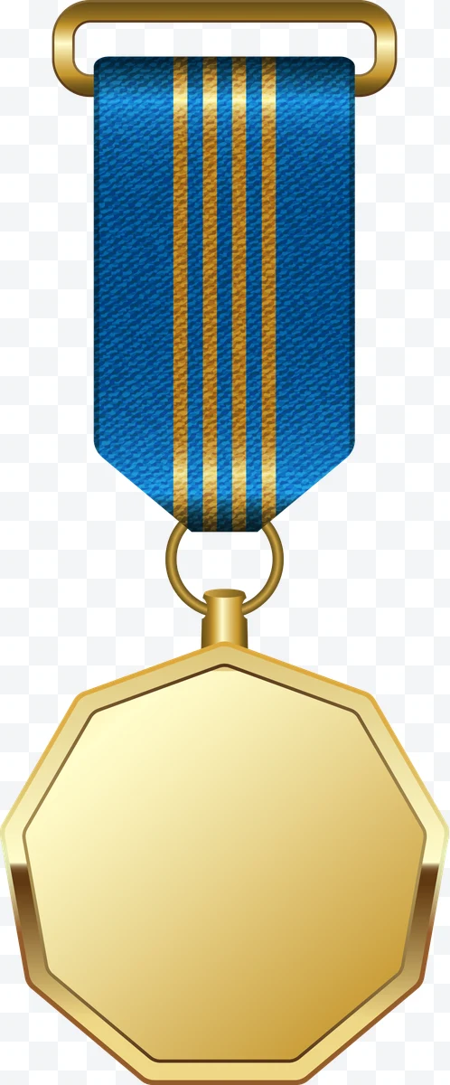Octagonal gold medal with blue ribbon and gold stripes