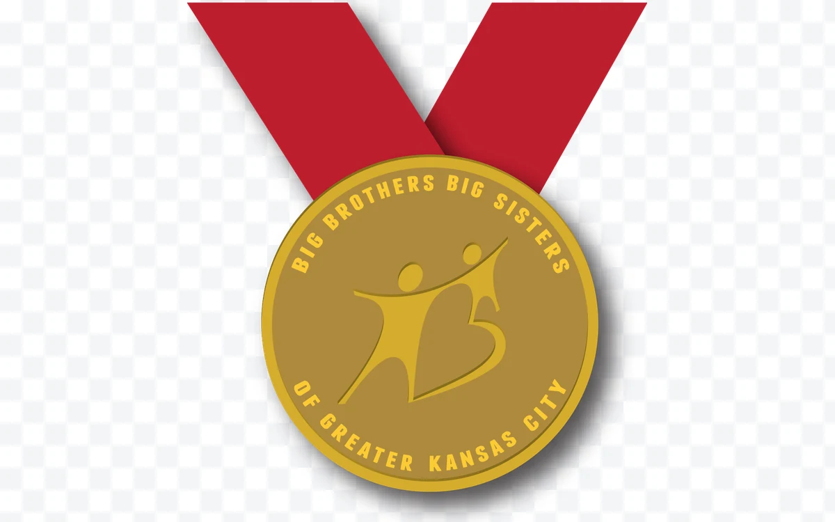 Gold medal with red ribbon and Big Brothers Big Sisters of Greater logo