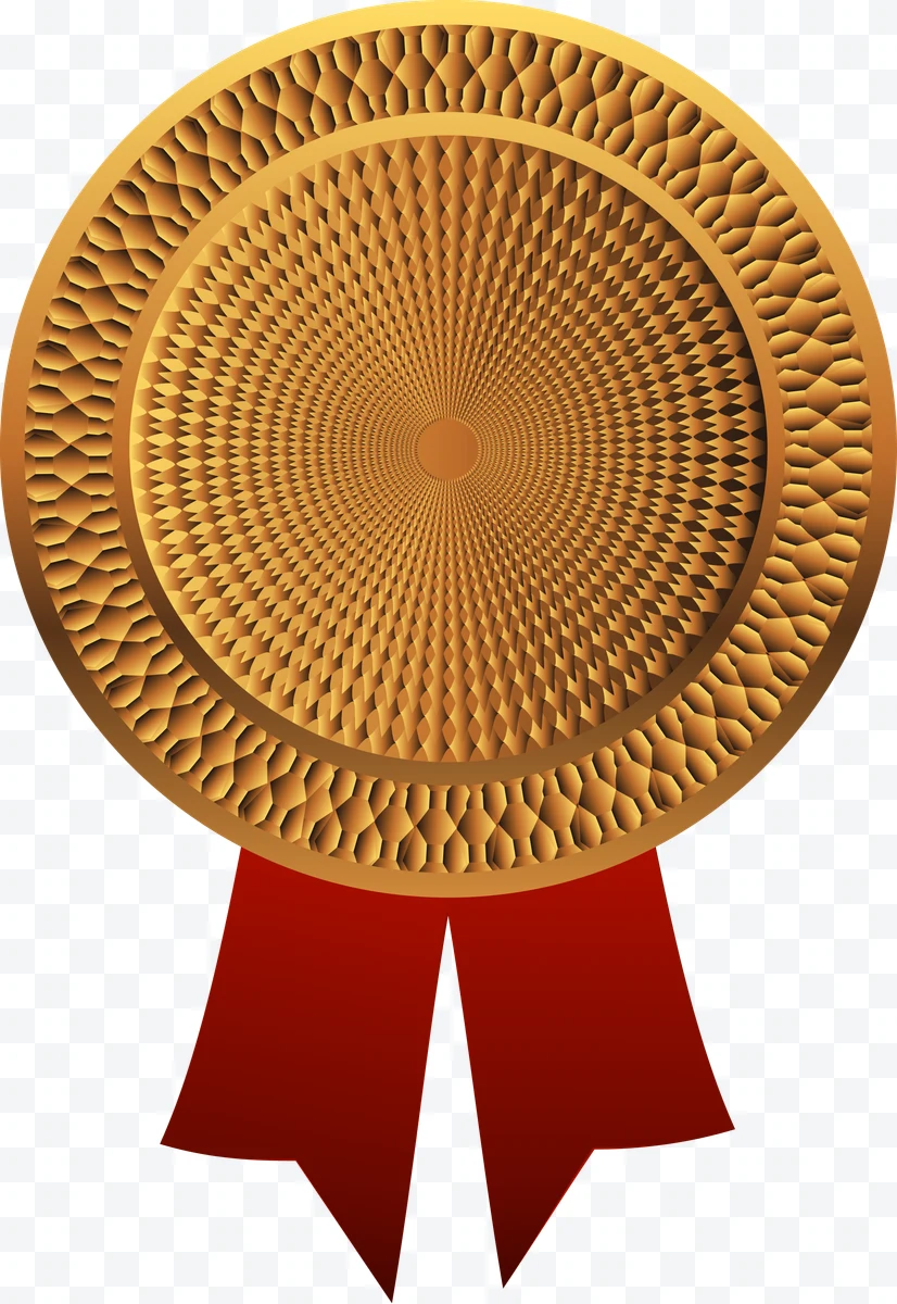 Golden medal with textured pattern and red ribbon.