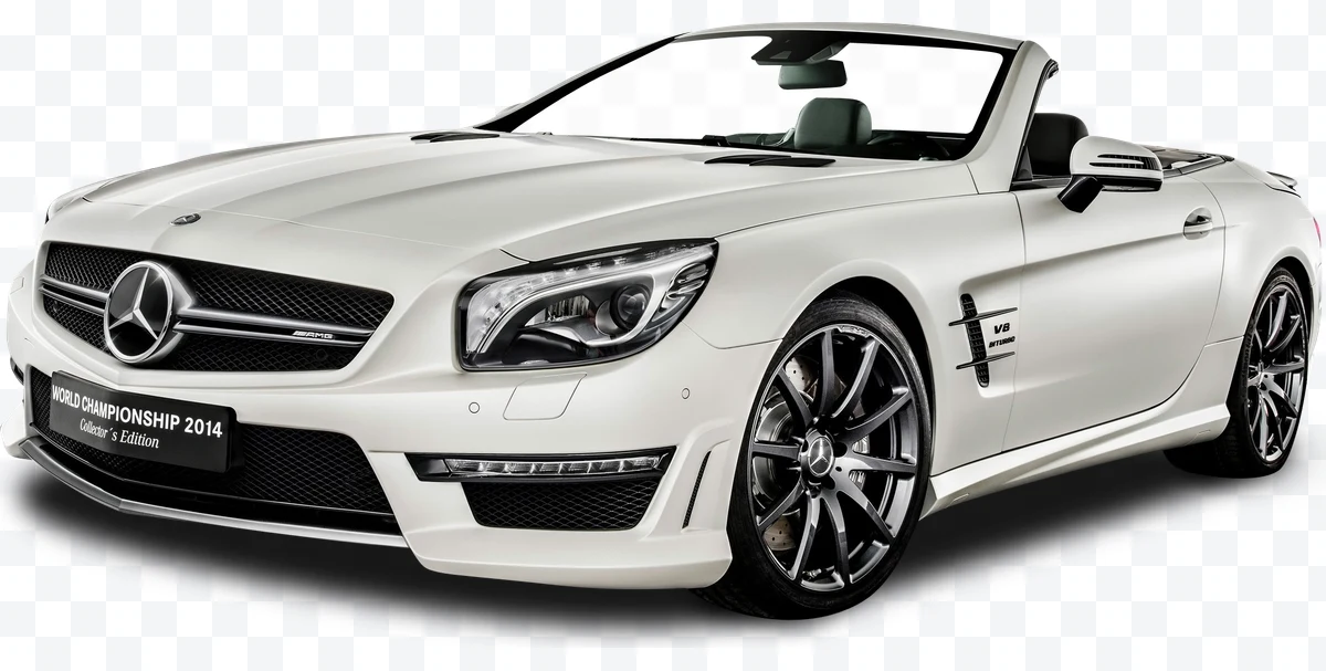 White Mercedes-Benz AMG convertible seen from the front on a white background.