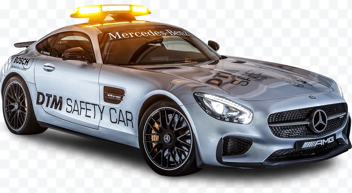Silver Mercedes-Benz AMG DTM Safety Car with yellow light on the roof.