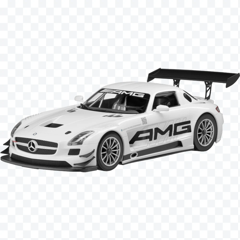 White Mercedes-Benz SLS AMG GT3 with large rear wing and AMG logo