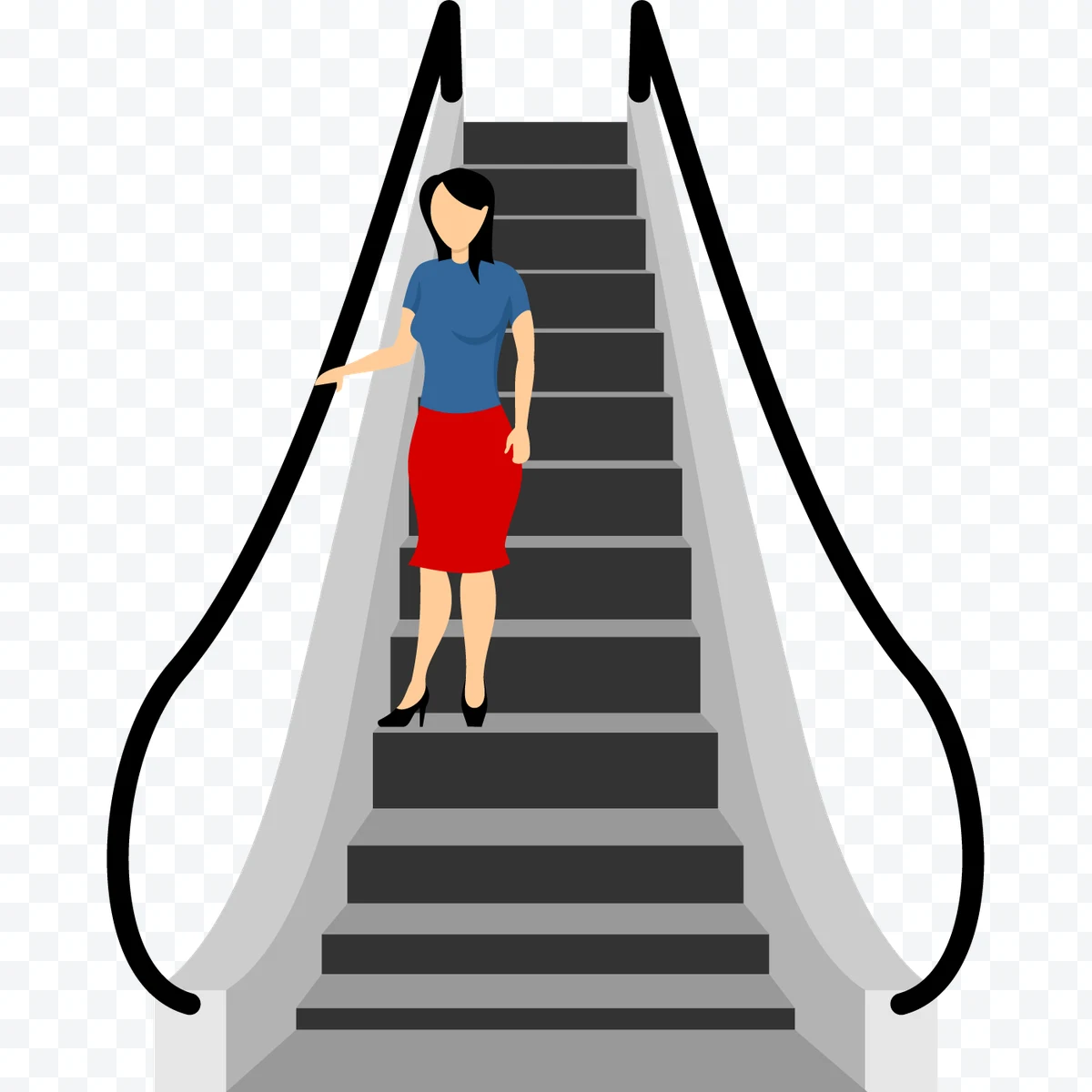 Illustration of woman in blue blouse and red skirt going down escalator