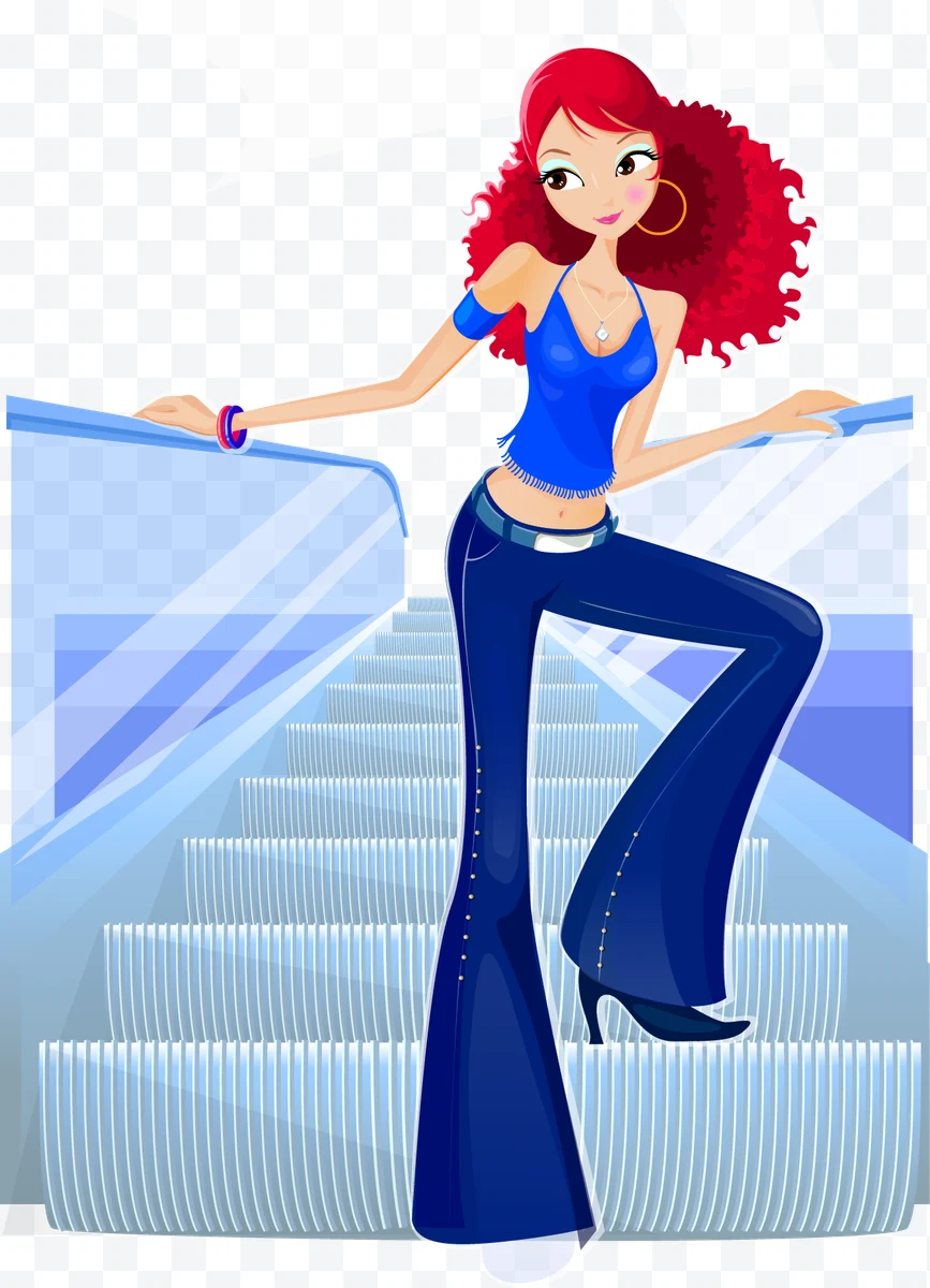 Woman with red hair and blue clothes on escalator