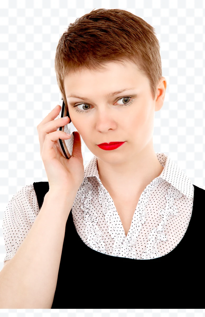 Woman with red lips and white shirt with black dots talking on the phone
