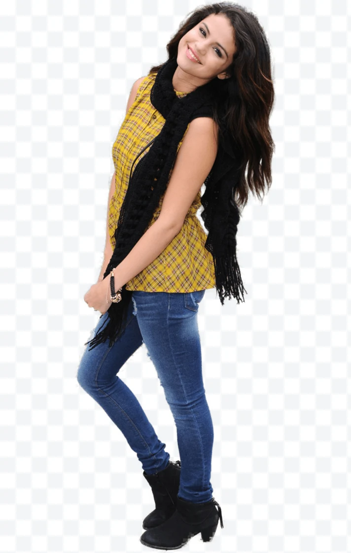 Young woman in yellow checkered shirt and black scarf smiling